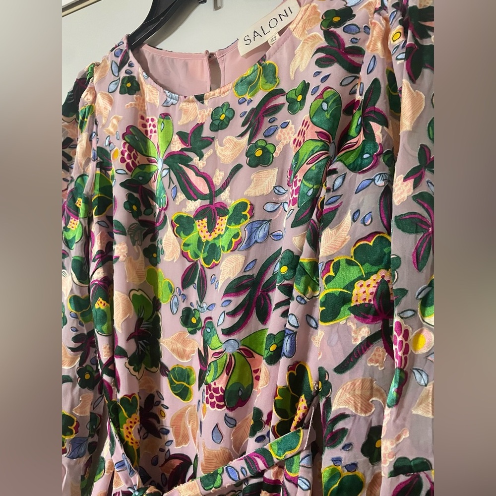SALONI Silk Floral Ruffle Mini Dress Multicolor Light Pink Lined Slip Size 8 - Picture 8 of 13